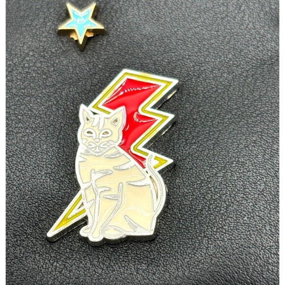 Stradivarius Wristlet‎ Accessory Zipper Bag Sewn Enamel Pins Blk Silver Hardware - Picture 10 of 16